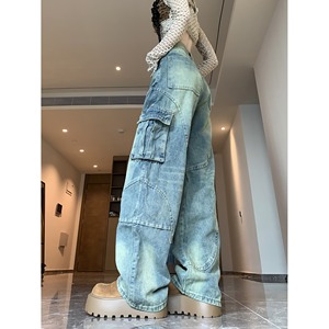 四季水洗复古口袋工装牛仔裤女2025新款直筒牛仔裤街头设计感裤图片