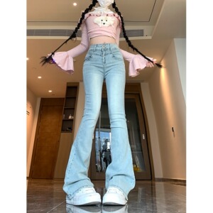 2025新款蝴蝶结微喇叭牛仔裤女紧身包臀裤子高腰显瘦长裤