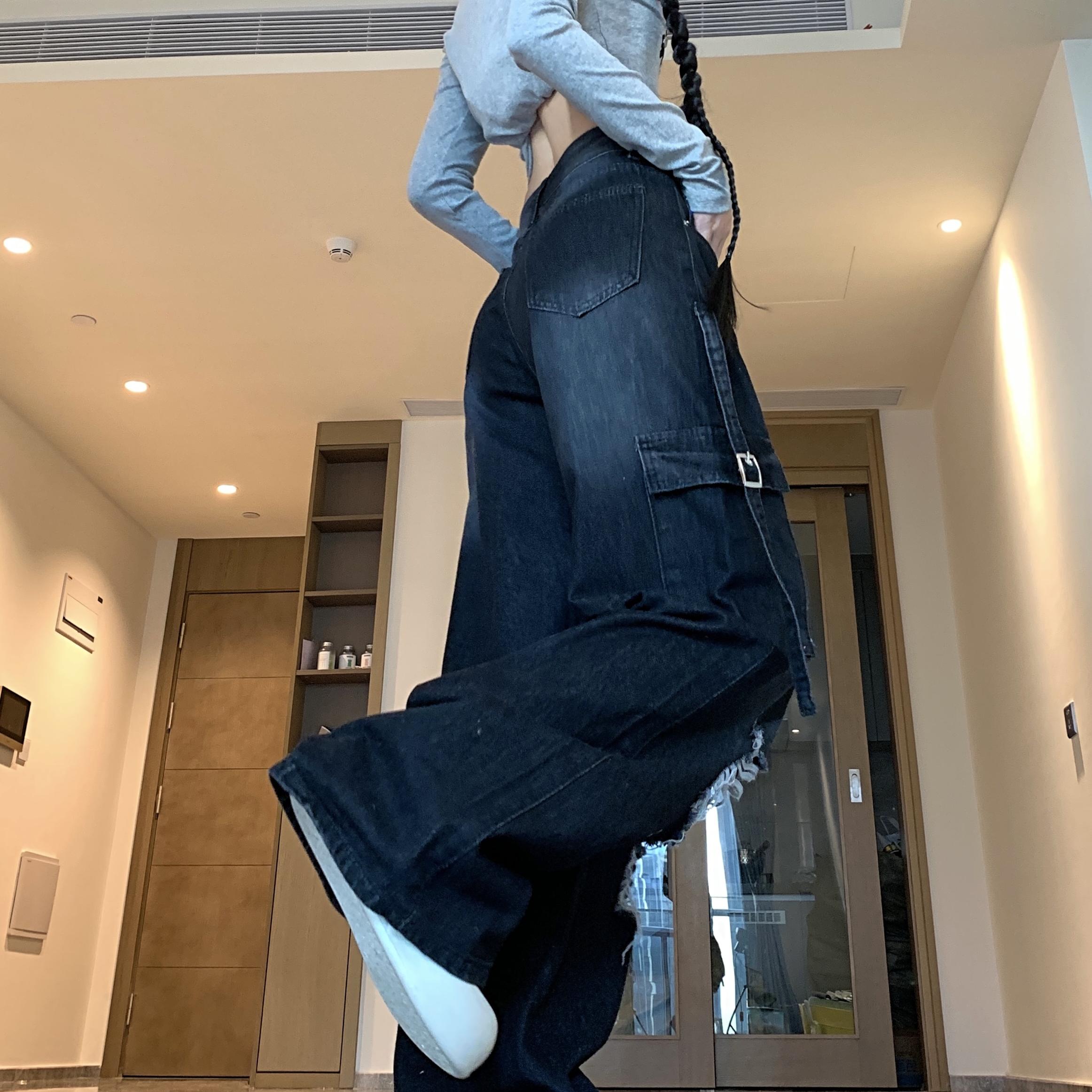 2025四季新款破洞牛仔裤新款显瘦高腰直筒宽松设计感工装裤子女,女装牛仔裤,电商A306A