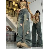 2025春夏美式街头高腰牛仔裤百搭直筒长裤小众设计感镂空阔腿裤，女装牛仔裤，电商A306A