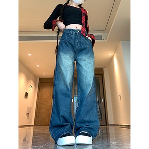四季2025新款双口袋阔腿牛仔裤女小众设计复古水洗直筒拖地裤图片