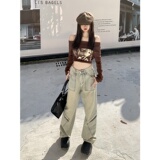7992-P48复古直筒水洗做旧工装裤高腰显瘦牛仔裤子女长裤子，男装牛仔裤，电商A306A