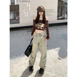 7992-P48 复古直筒水洗做旧工装裤高腰显瘦牛仔裤子女长裤子图片