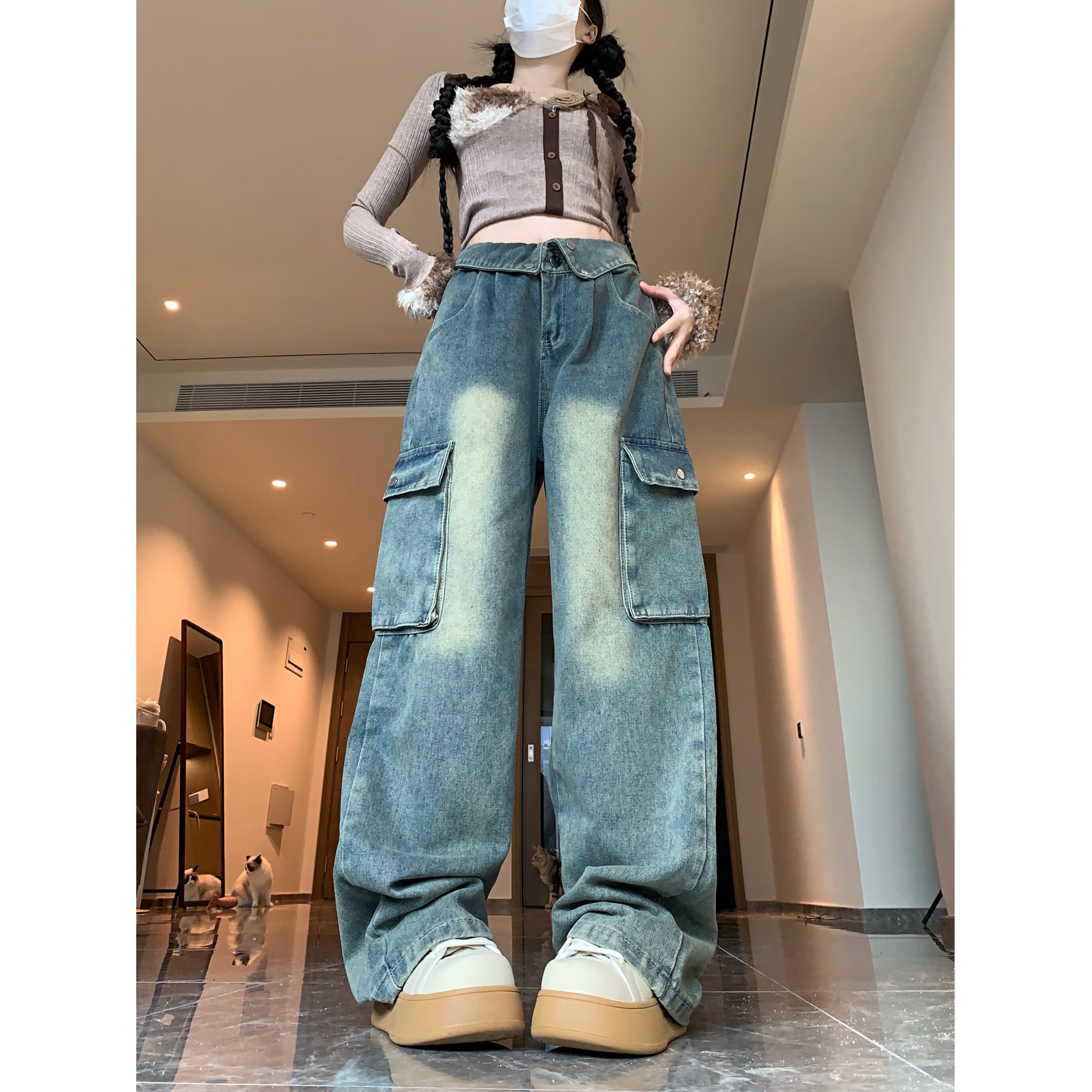 现货秒发！高街美式翻边大口袋工装牛仔裤女复古宽松直筒阔腿裤潮，女装牛仔裤，电商A306A