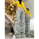 四季2025高街工装裤美式辣妹重工阔腿拖地牛仔裤高腰宽松直筒裤，男装牛仔裤，电商A306A