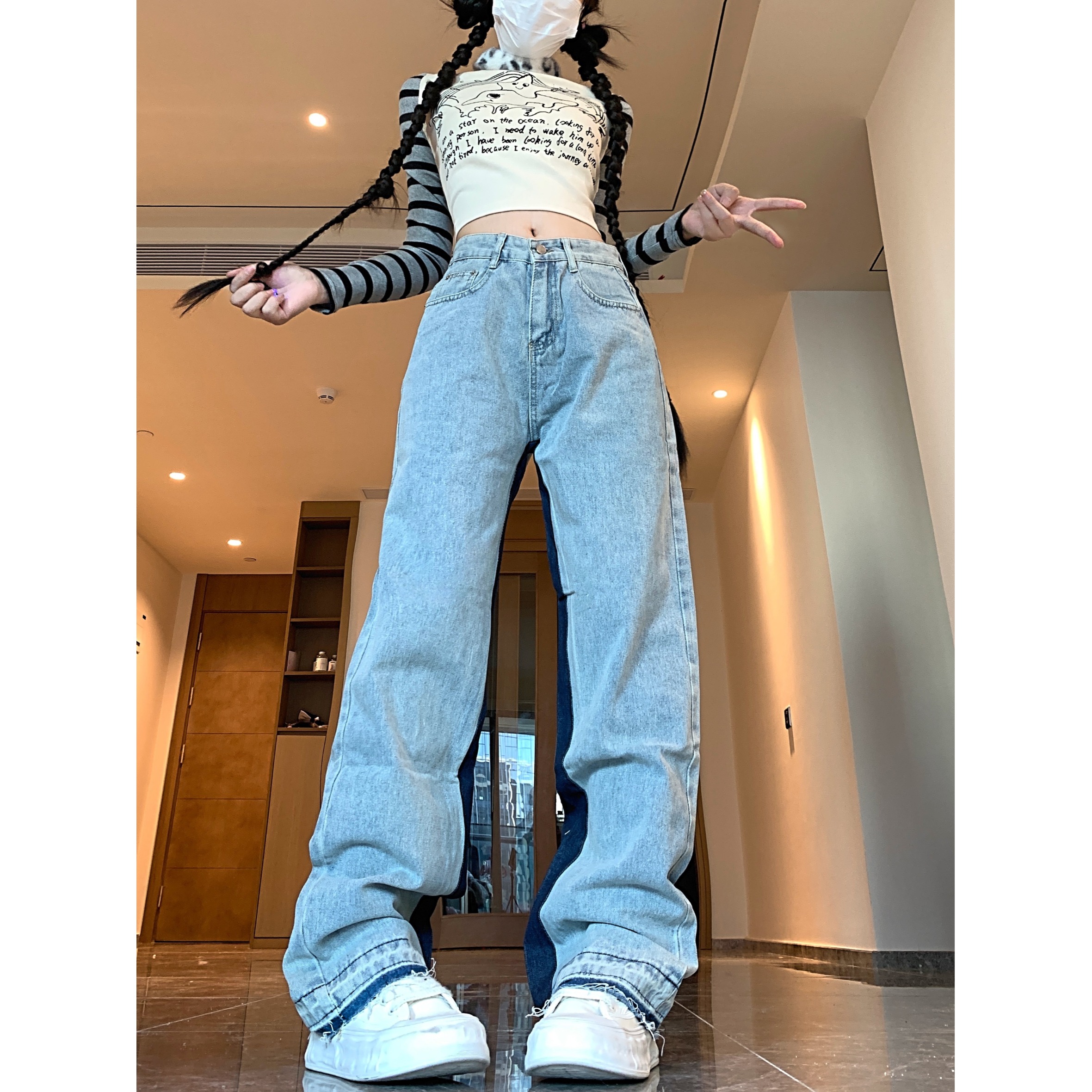 四季款辣妹2025新款高腰牛仔裤女宽松直筒显瘦设计感刺绣阔腿裤，女装牛仔裤，电商A306A