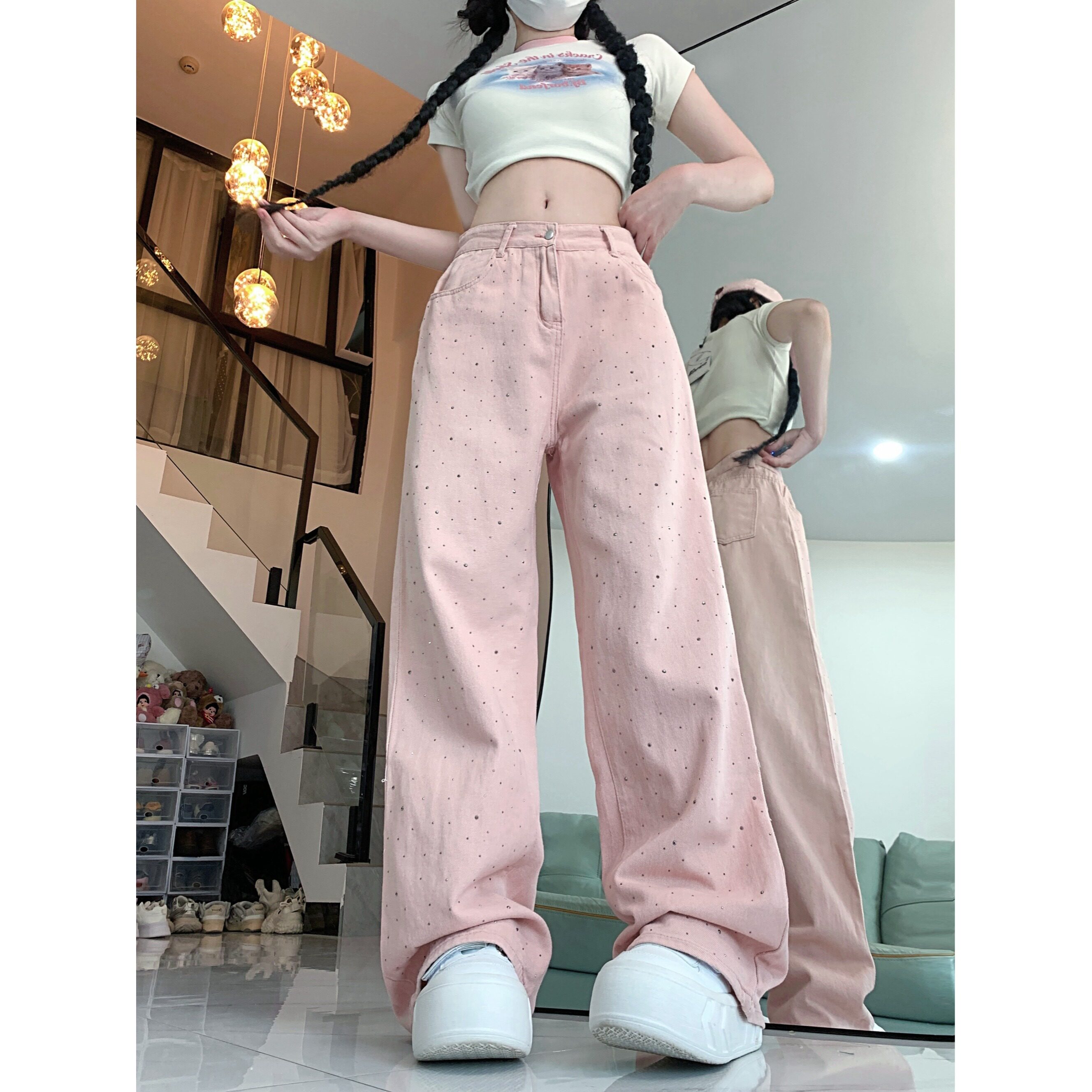 2198-P48粉色烫钻直筒牛仔裤女设计感高腰显瘦宽松阔腿裤子,男装牛仔裤,电商A306A