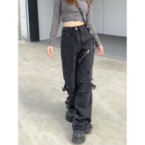 2051-P66 美式复古牛仔裤高街工装高腰直筒宽松拉链裤子潮牌图片