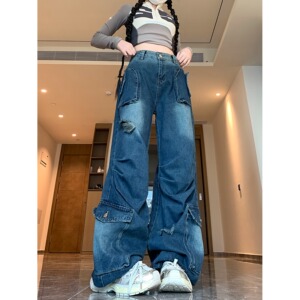四季2025新款多口袋高街美式工装牛仔裤女阔腿宽松潮牌小众裤子图片