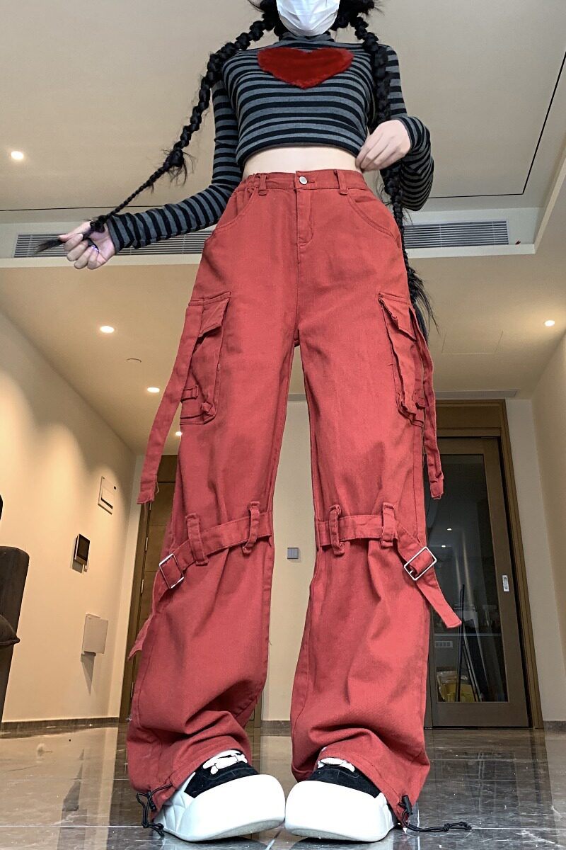 四季2025新款高街嘻哈红色街舞工装裤女男爵士飘带机能束脚裤,男装工装外套,电商A306A