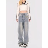 2111-P62侧边条纹花朵绣花牛仔裤春季新款美式潮牌洗水长裤，女装牛仔裤，电商A306A