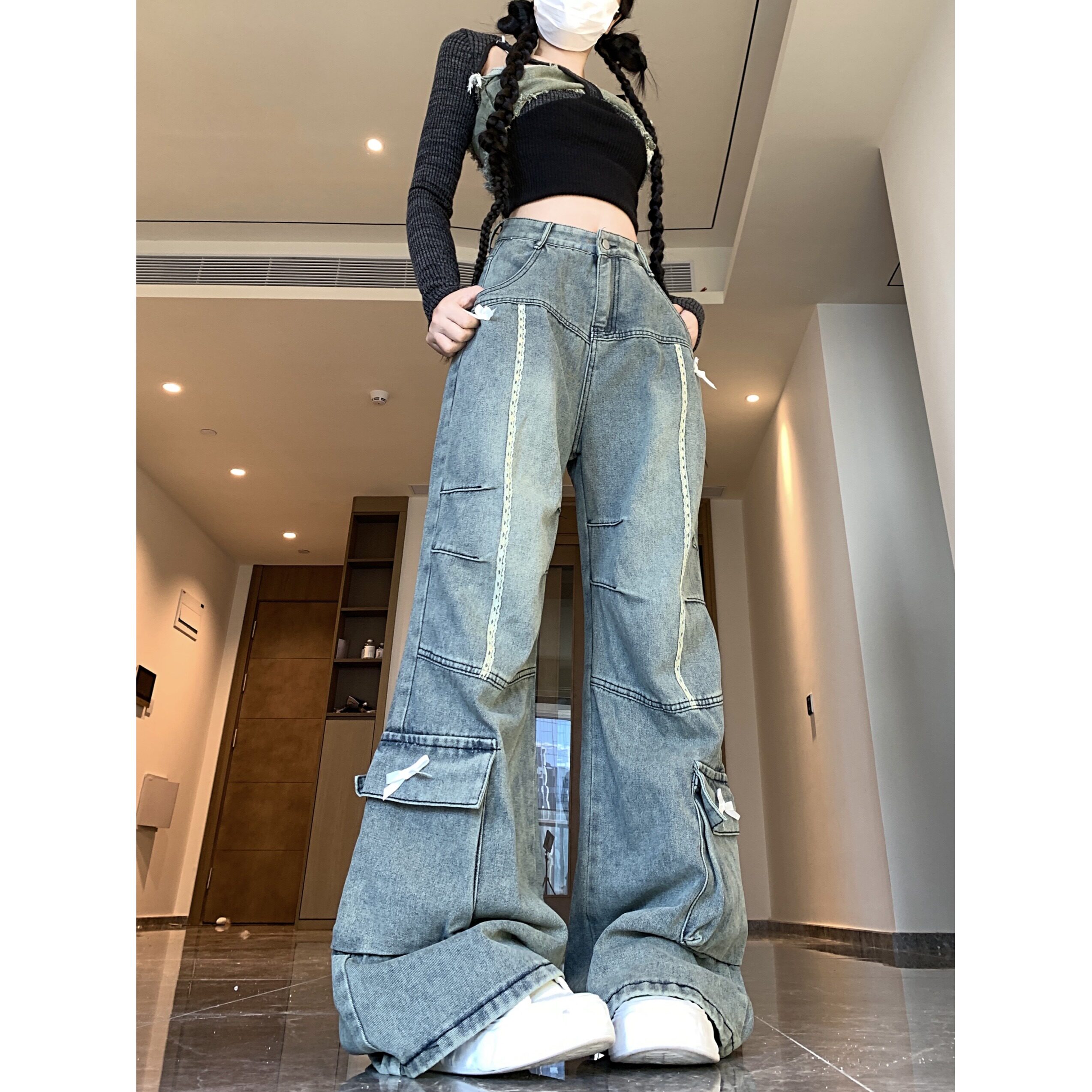 四季2025蝴蝶结设计感牛仔裤女cleanfit风直筒百搭长裤子,男装牛仔裤,电商A306A