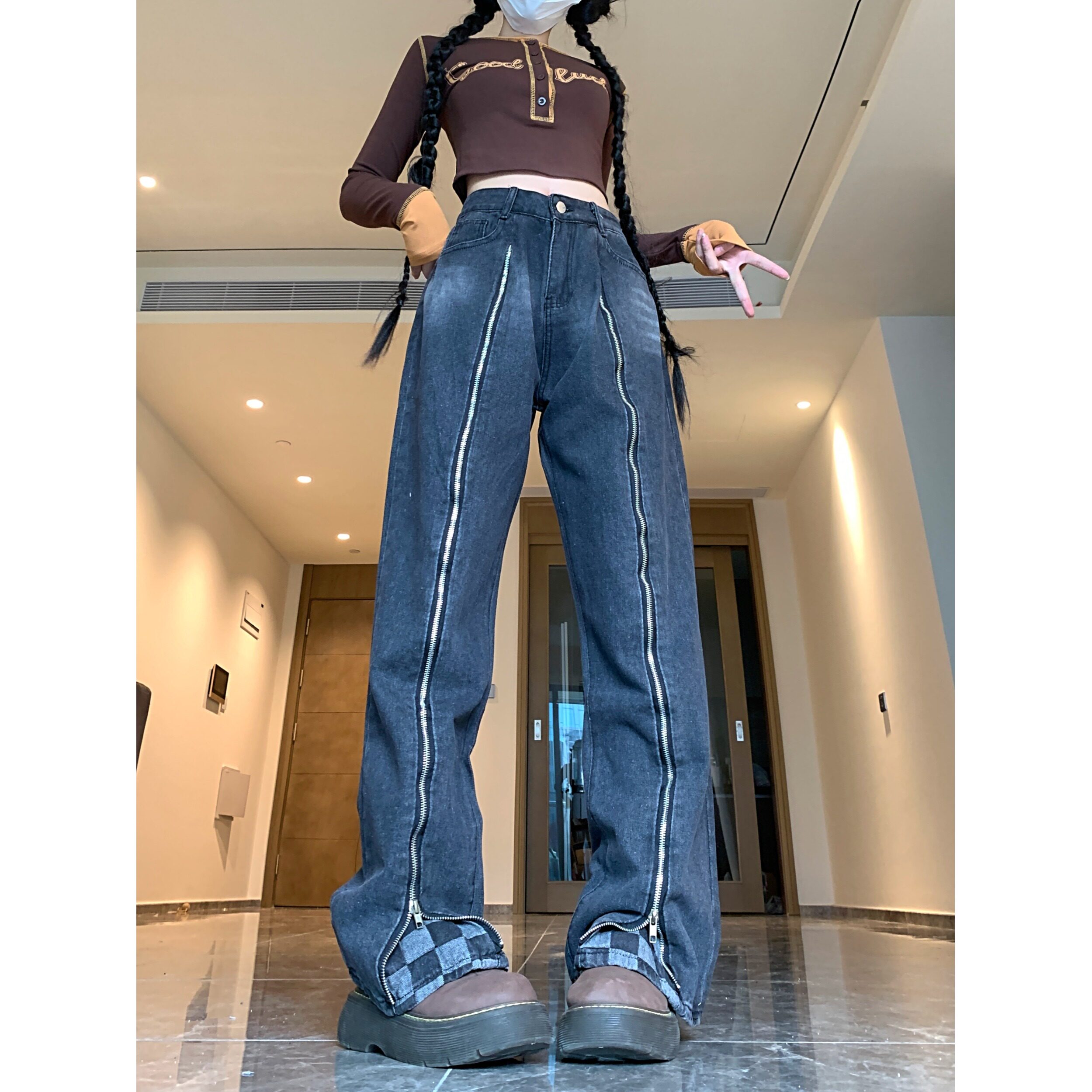 四季款2025美式拉链棋盘格牛仔裤女秋季高街高腰显瘦直筒裤，女装牛仔裤，电商A306A