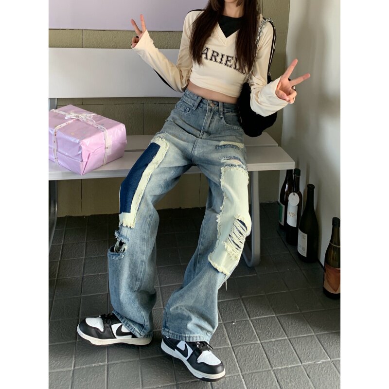 7899-P55破洞小众设计感撞色破坏贴布直筒牛仔裤女宽松街头,男装牛仔裤,电商A306A