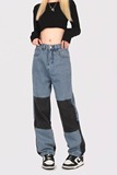 S001-P35清仓街头嘻哈撞色拼接牛仔裤高腰直筒长裤宽松阔腿裤女，女装牛仔裤，电商A306A