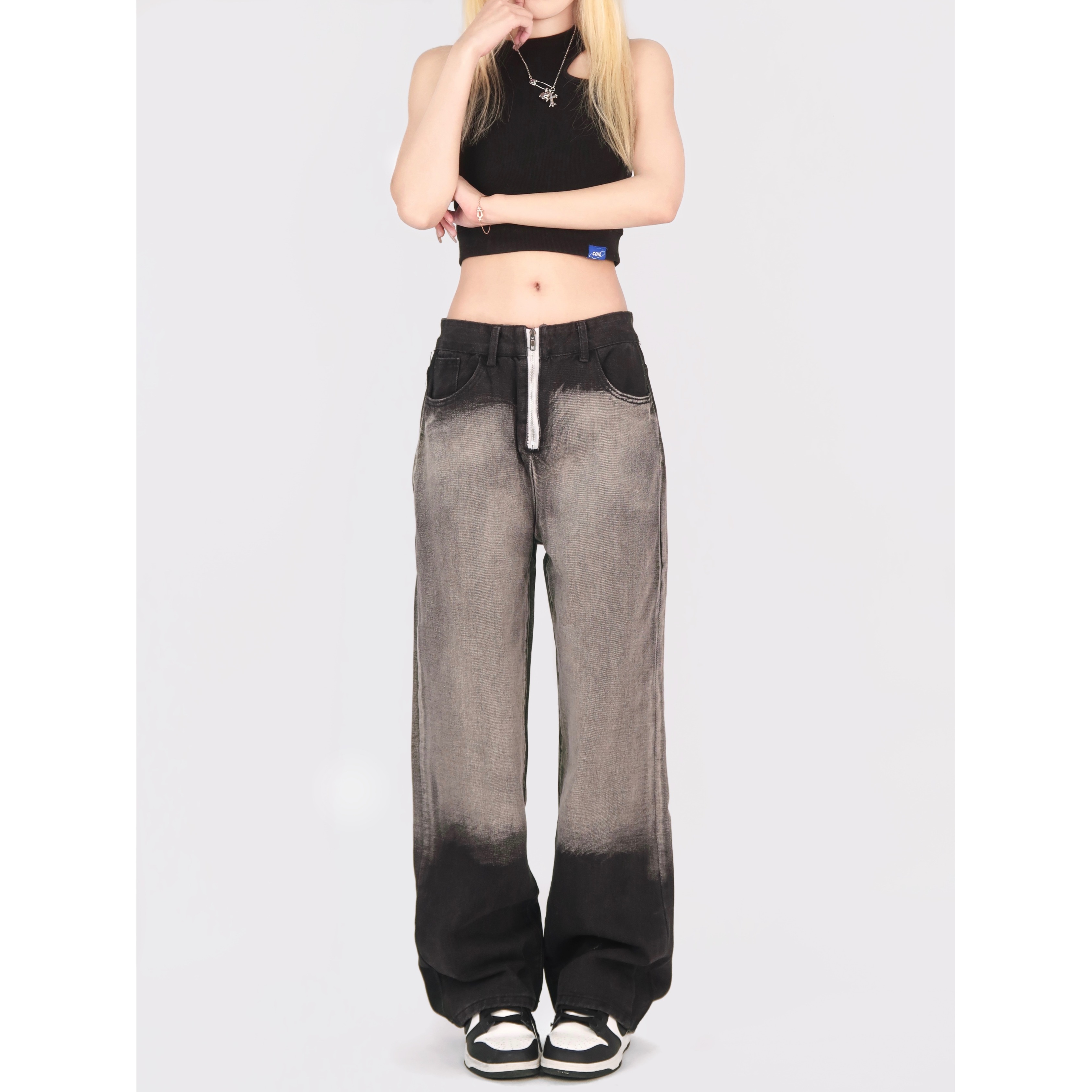 7656-P40牛仔裤女宽松美式复古vintage高腰显瘦直筒阔腿裤，女装牛仔裤，电商A306A