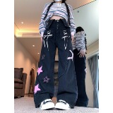 四季新款阔腿裤女显瘦翻领牛仔裤原创星星设计感毛边亚文化，女装牛仔裤，电商A306A