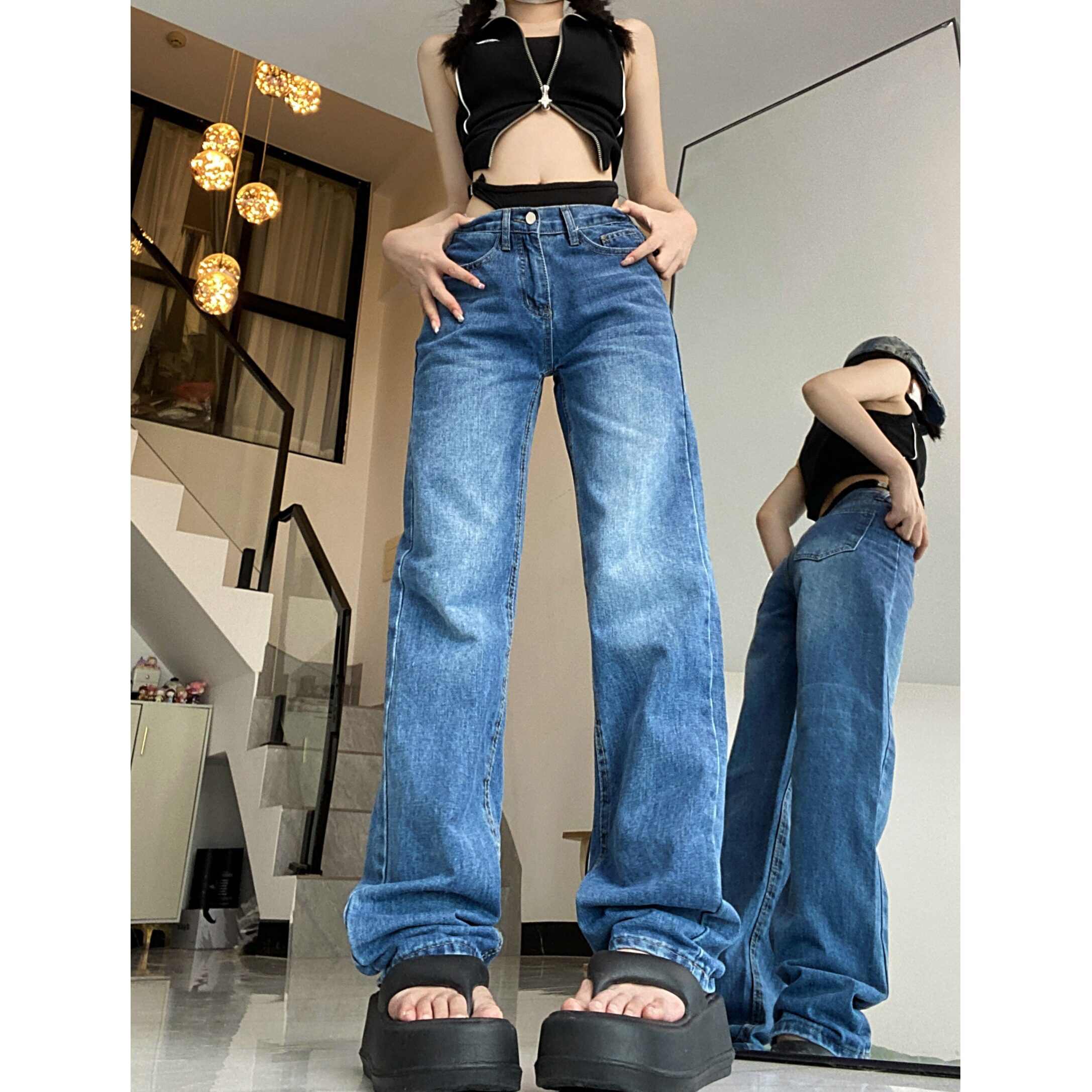 四季新款古力娜扎同款比基尼拼接休闲牛仔长裤女显瘦直筒裤图片