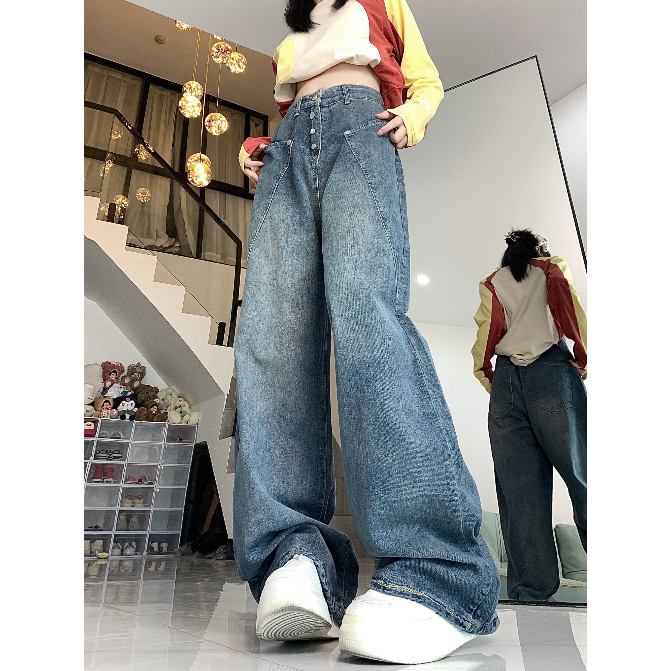四季2025复古水洗做旧牛仔裤美式街头辣妹修身显瘦直筒微喇叭裤，男装牛仔裤，电商A306A