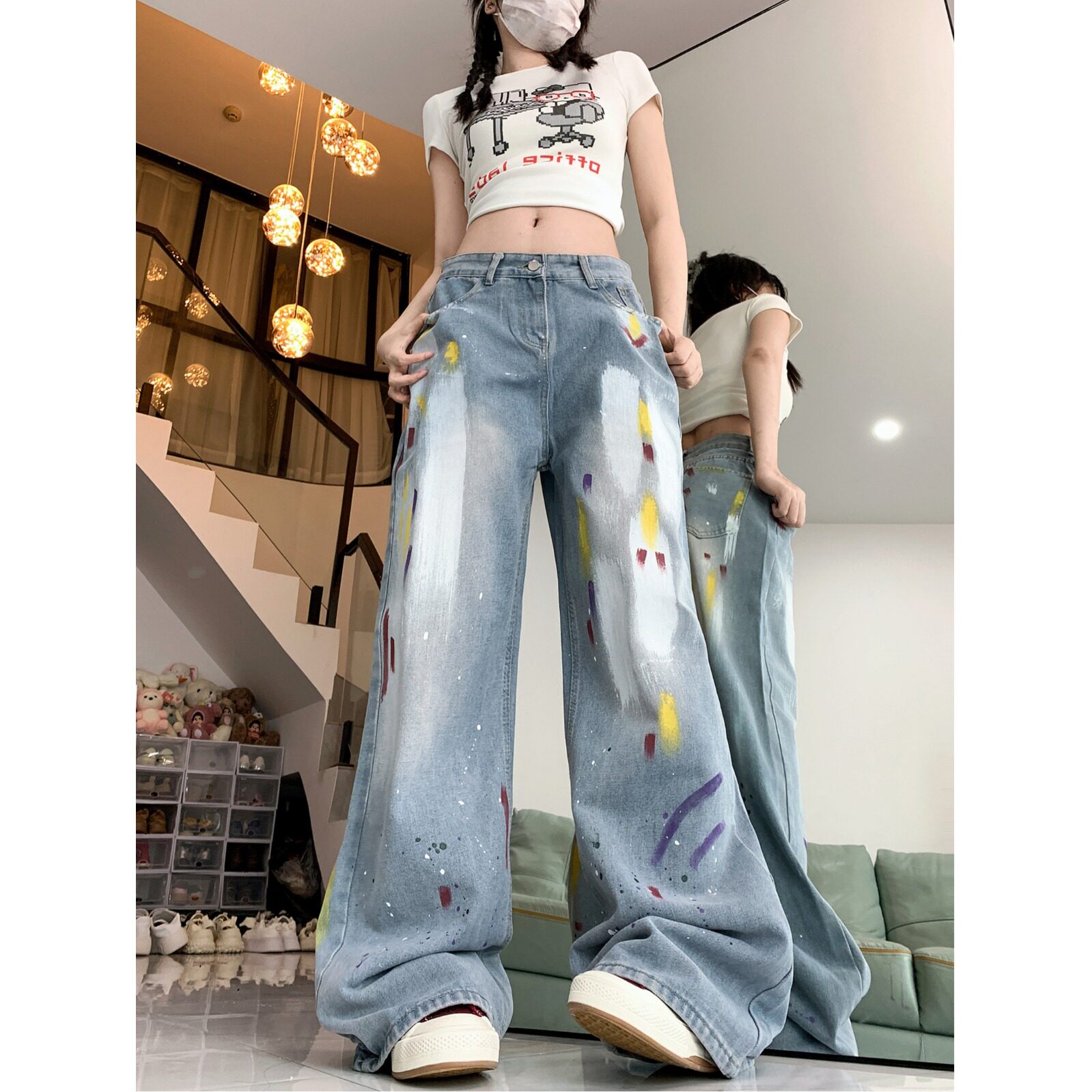 四季2025新款美式千禧辣妹设计感小众涂鸦直筒牛仔裤女高腰显瘦,男装牛仔裤,电商A306A
