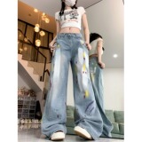 四季2025新款美式千禧辣妹设计感小众涂鸦直筒牛仔裤女高腰显瘦，男装牛仔裤，电商A306A
