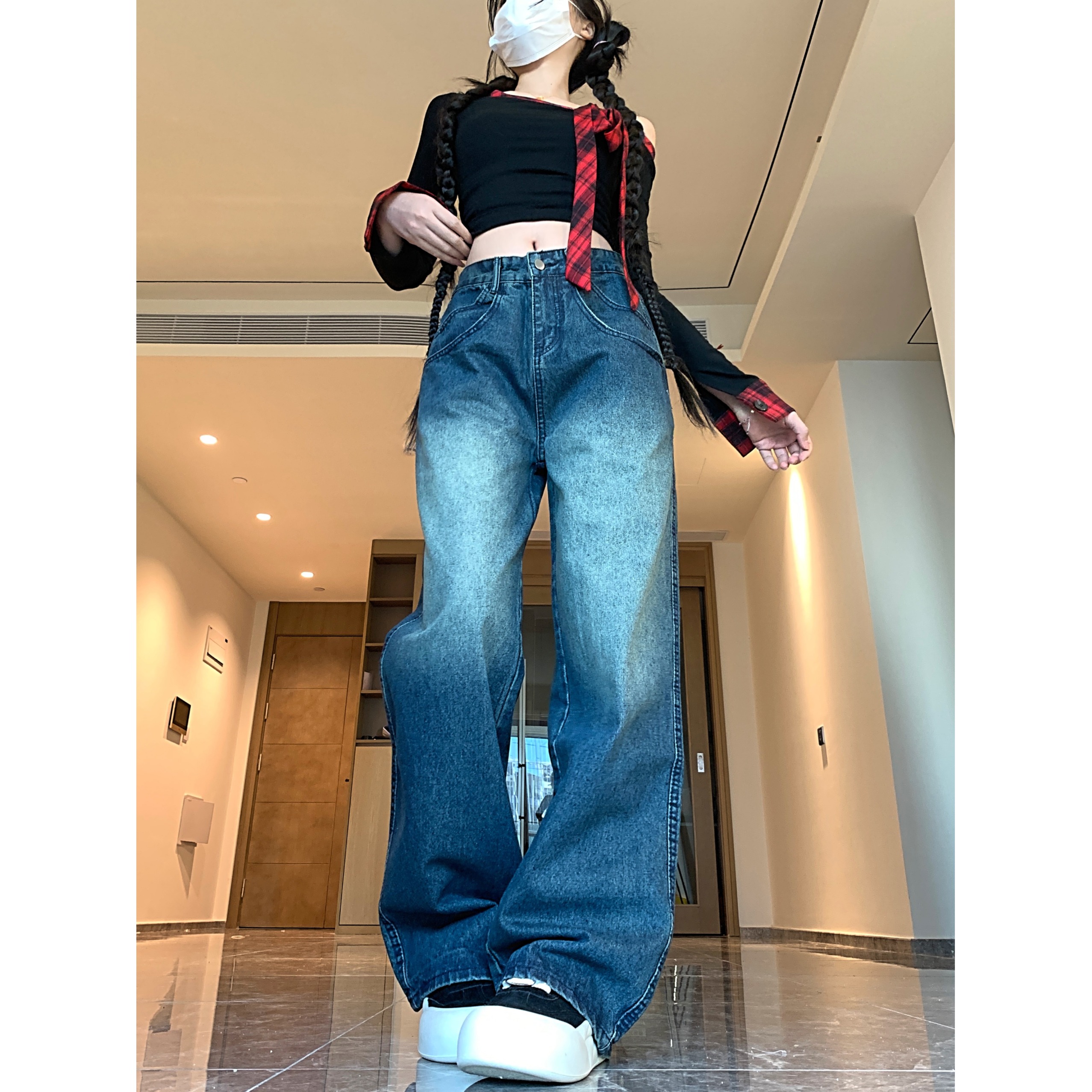 四季新款2025双口袋阔腿牛仔裤女小众设计复古水洗直筒拖地裤，女装牛仔裤，电商A306A