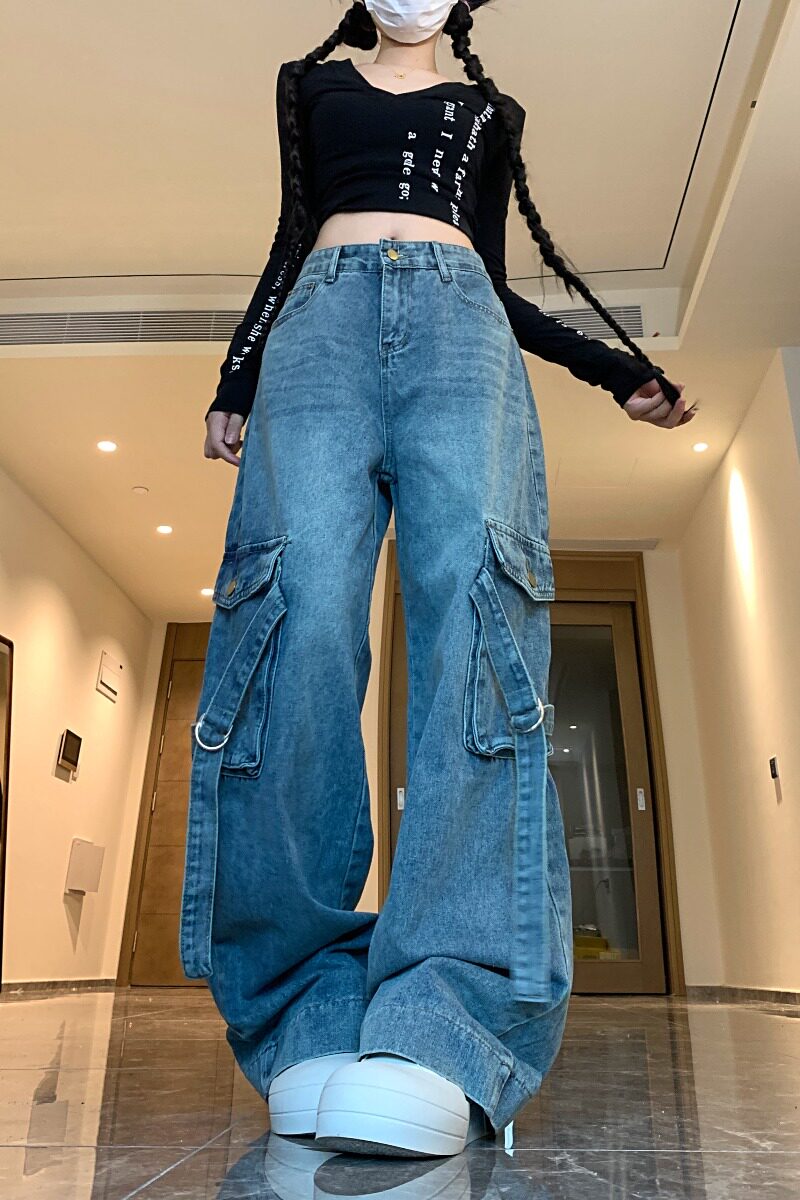 四季款2025新款工装牛仔裤男女新款高街宽松直筒阔腿裤子潮,女装牛仔裤,电商A306A