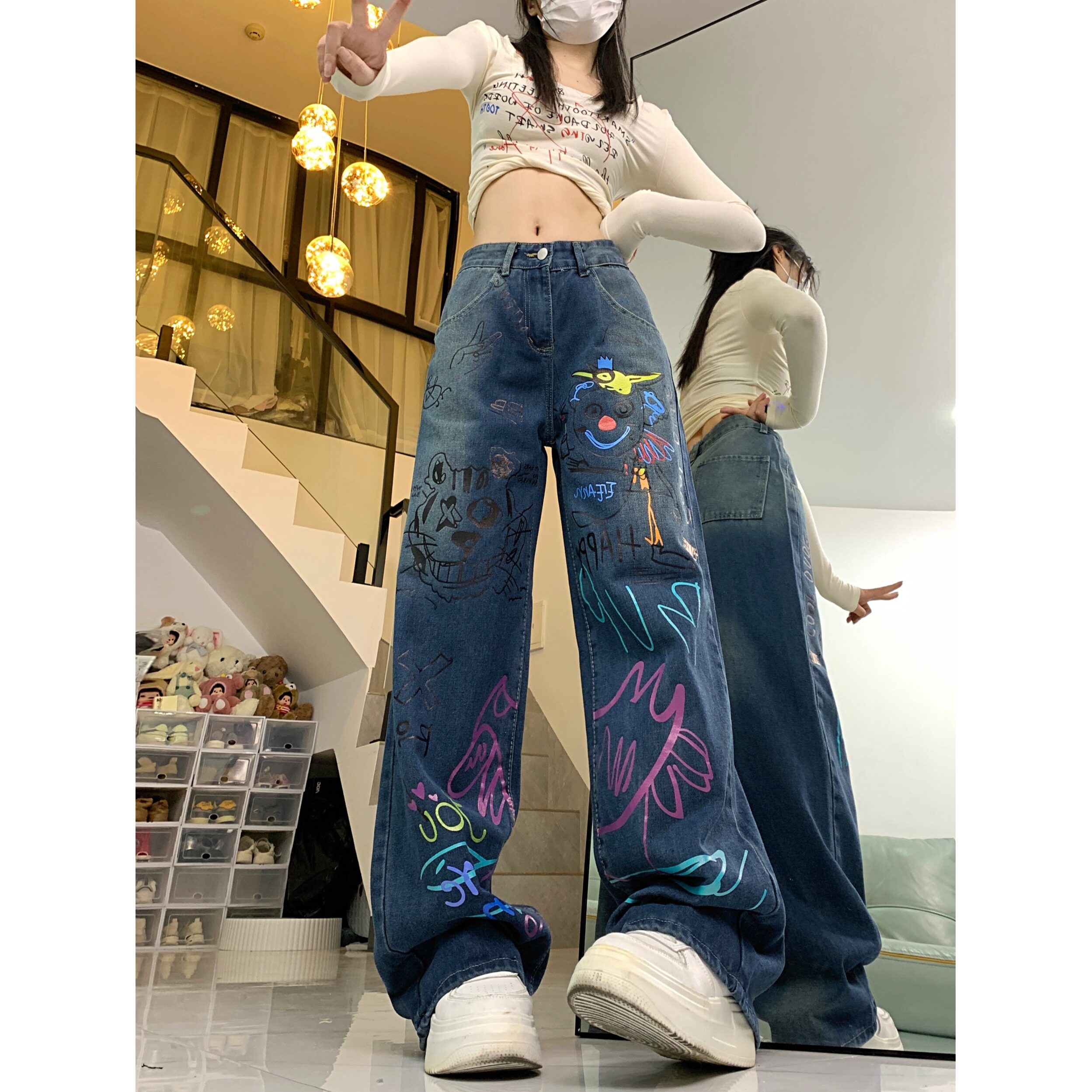 2025四季新款美式复古高街涂鸦牛仔裤女显瘦宽松直筒长裤水洗,女装牛仔裤,电商A306A