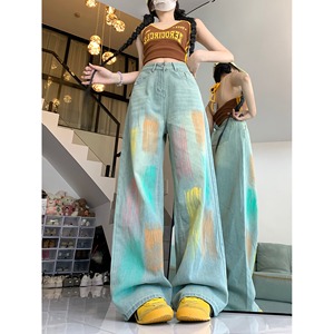 2214-P48 四季2025设计感彩虹渐变色牛仔裤高腰宽松直筒裤阔腿裤图片