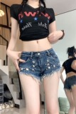 2187-P40美式辣妹复古毛边柳钉低腰牛仔超短裤女a字热裤潮，男装牛仔裤，电商A306A