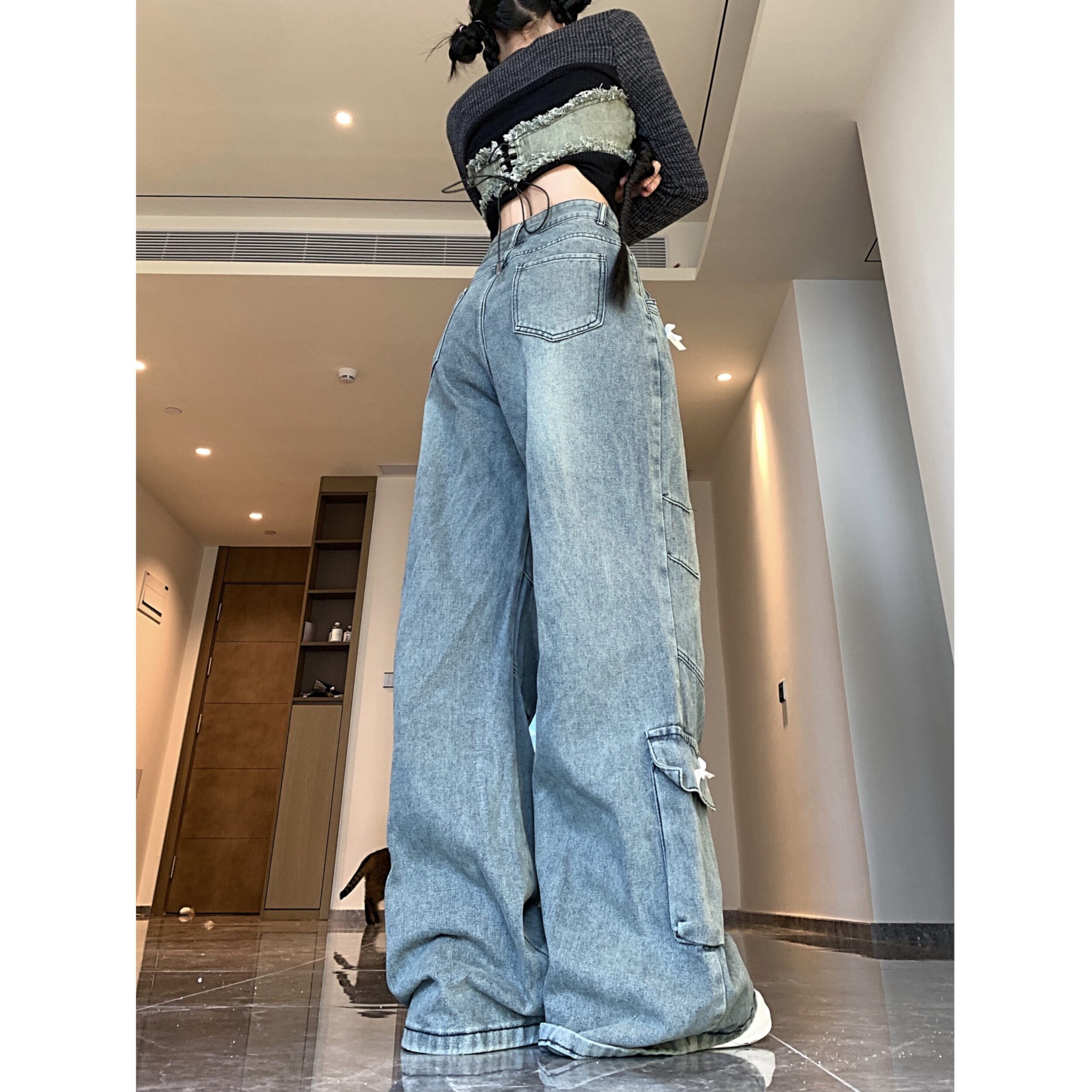 四季2025蝴蝶结设计感牛仔裤女cleanfit风直筒百搭长裤子,男装牛仔裤,电商A306A