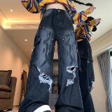 2025四季新款破洞牛仔裤新款显瘦高腰直筒宽松设计感工装裤子女，女装牛仔裤，电商A306A