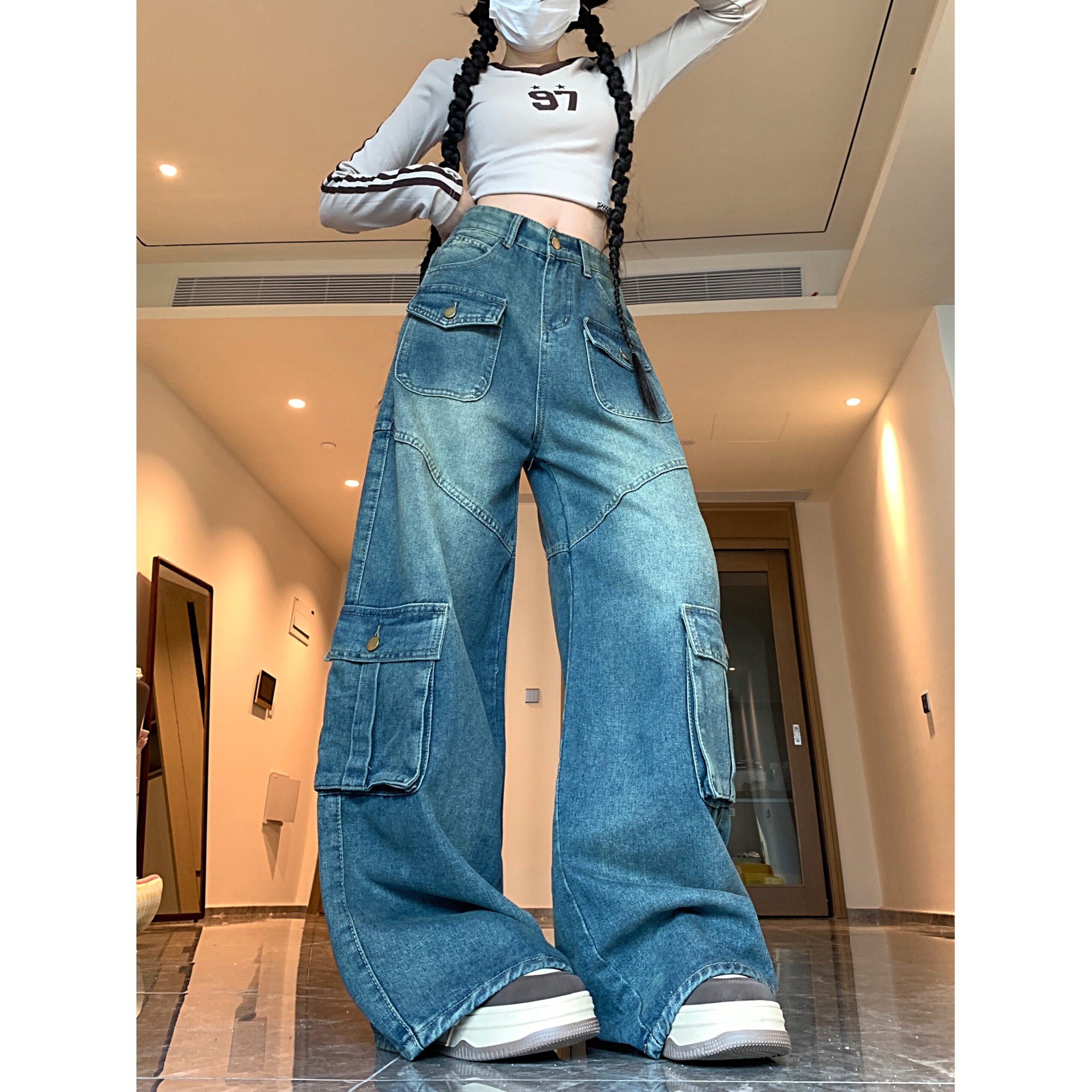 2025新款多口袋工装牛仔裤女新款宽松显瘦直筒拖地长裤,女装牛仔裤,电商A306A