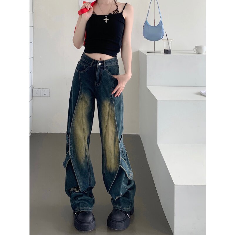2070-P55复古做旧拼接设计感牛仔裤女阔腿中性美式长裤新款,男装牛仔裤,电商A306A