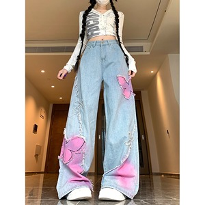 四季2025新款复古蝴蝶刺绣设计感毛边牛仔裤女甜酷直筒裤图片