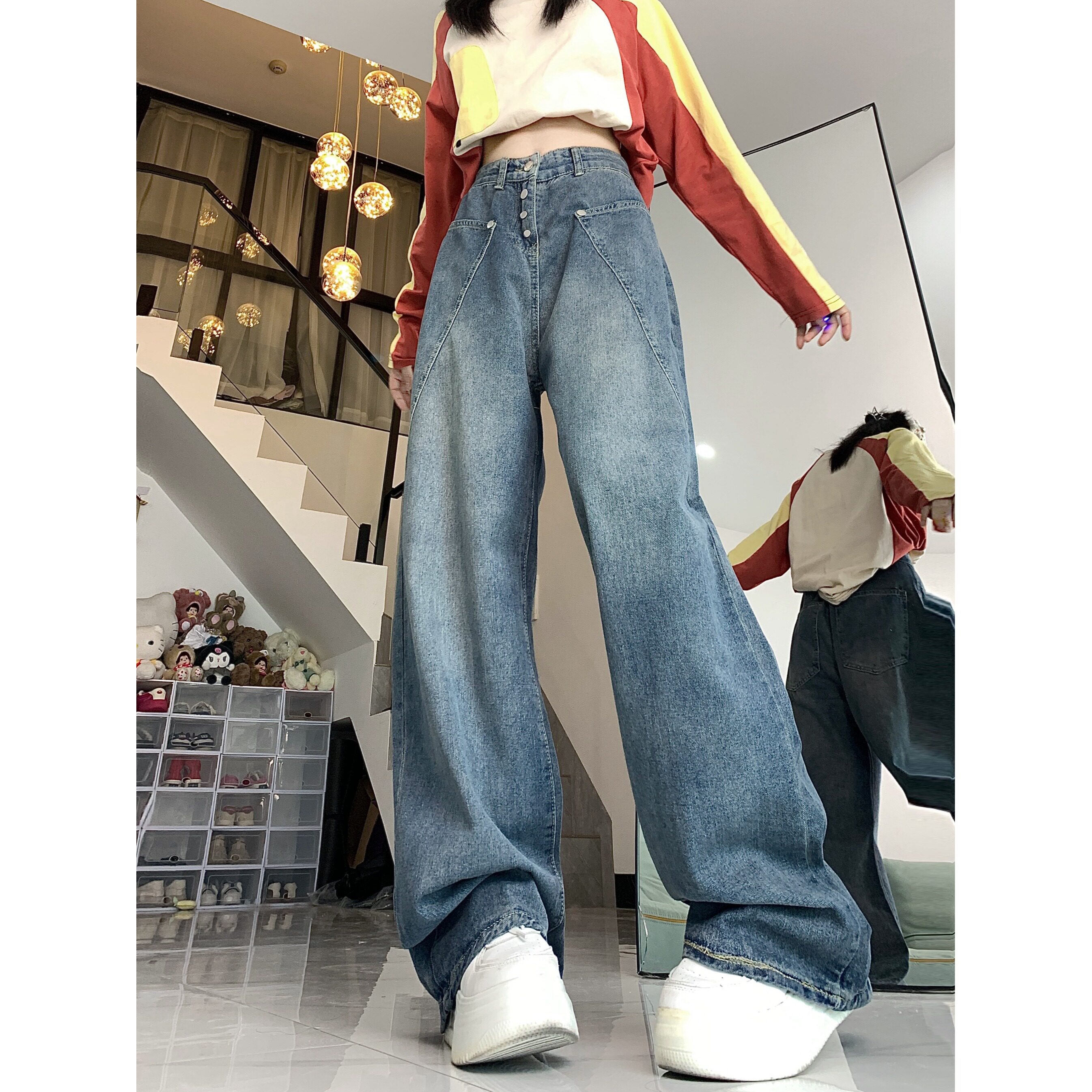 四季2025复古水洗做旧牛仔裤美式街头辣妹修身显瘦直筒微喇叭裤,男装牛仔裤,电商A306A