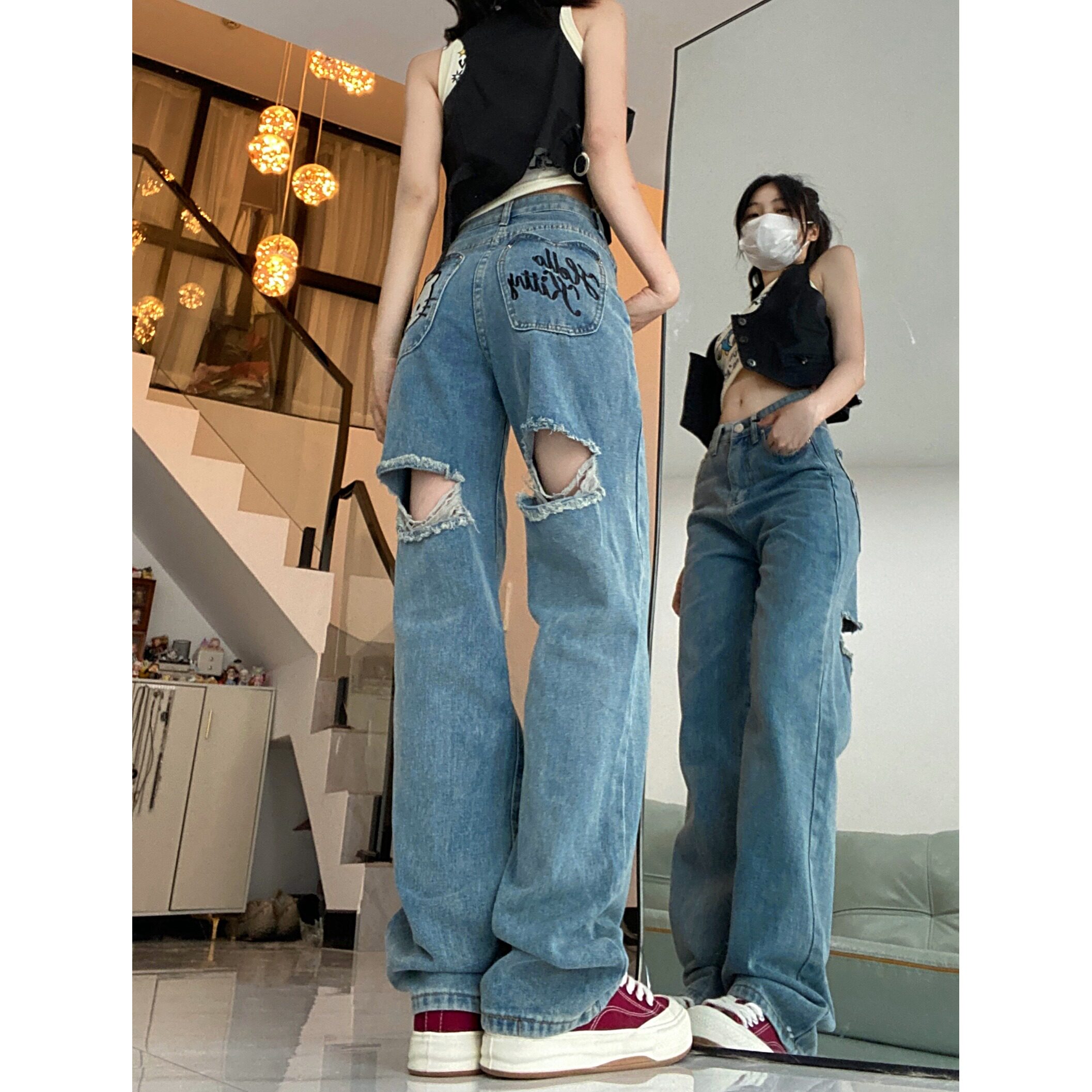 2025新款美式复古潮牌KT猫甜辣刺绣破洞牛仔阔腿裤宽松拖地裤,女装牛仔裤,电商A306A