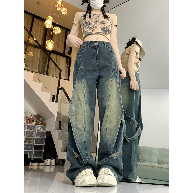 2070-P55复古做旧拼接设计感牛仔裤女阔腿中性美式长裤新款，男装牛仔裤，电商A306A