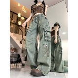 四季2025新款设计感多口袋重工铆钉牛仔裤子复古hiphop嘻哈长裤，男装牛仔裤，电商A306A