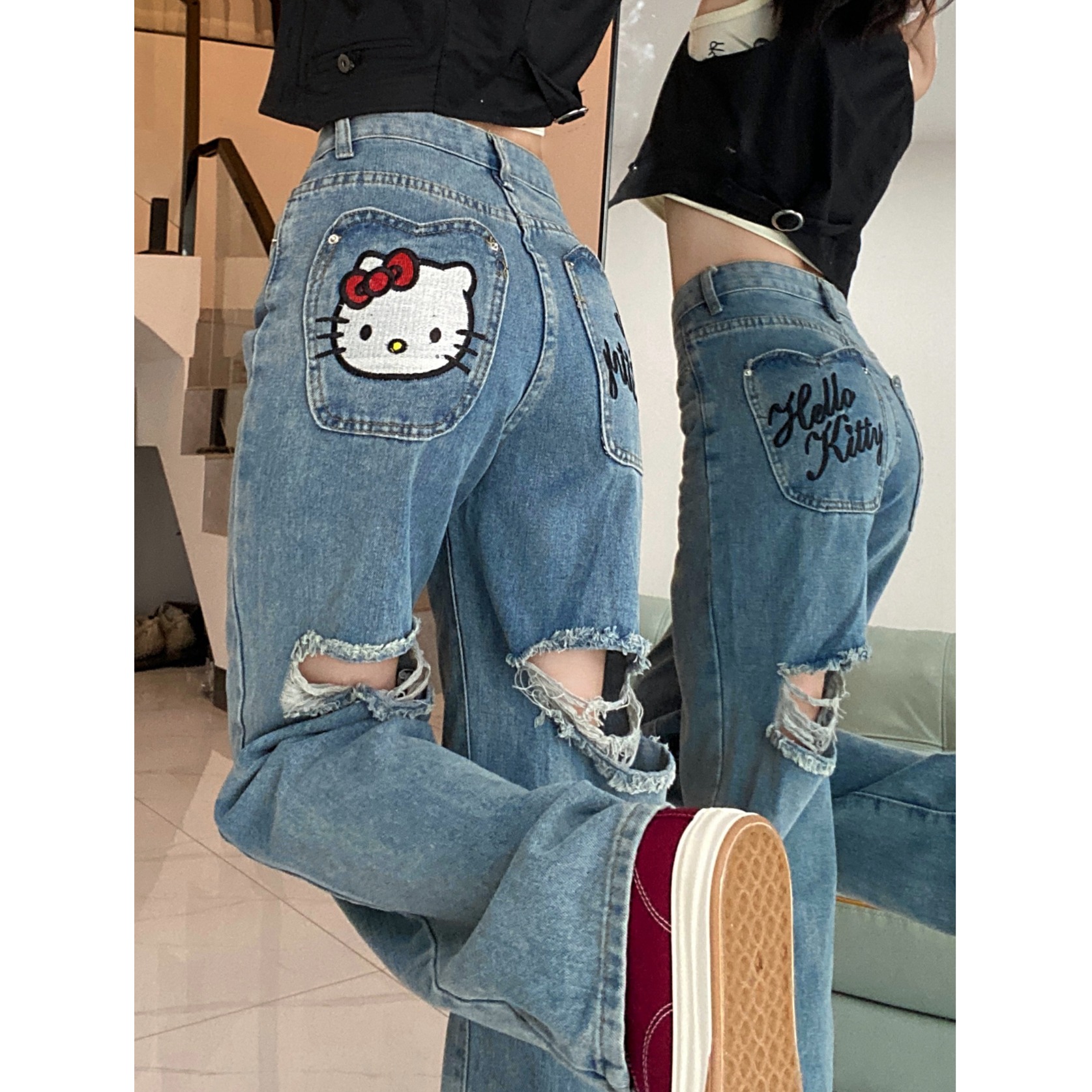 2025新款美式复古潮牌KT猫甜辣刺绣破洞牛仔阔腿裤宽松拖地裤，女装牛仔裤，电商A306A