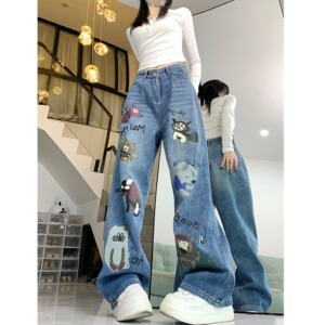 加绒加厚涂鸦印花高街牛仔裤女设计感高腰宽松阔腿裤图片