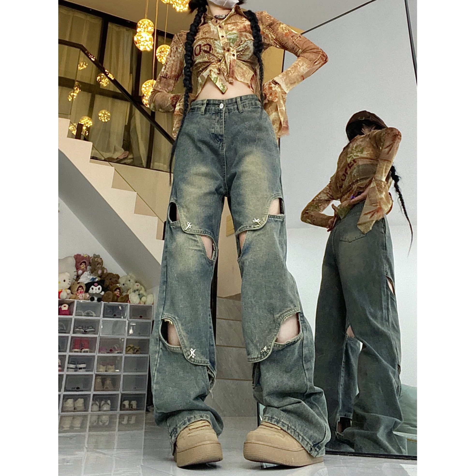 2025春夏美式街头高腰牛仔裤百搭直筒长裤小众设计感镂空阔腿裤，女装牛仔裤，电商A306A