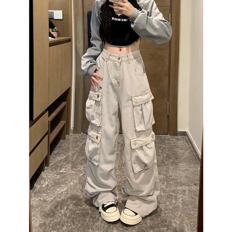2028-P63多口袋牛仔裤女复古辣妹宽松显瘦阔腿裤工装裤,男装牛仔裤,电商A306A