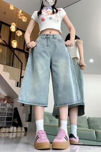 2025春夏美式牛仔裤子女夏季百搭高腰显瘦直筒阔腿七分裤图片