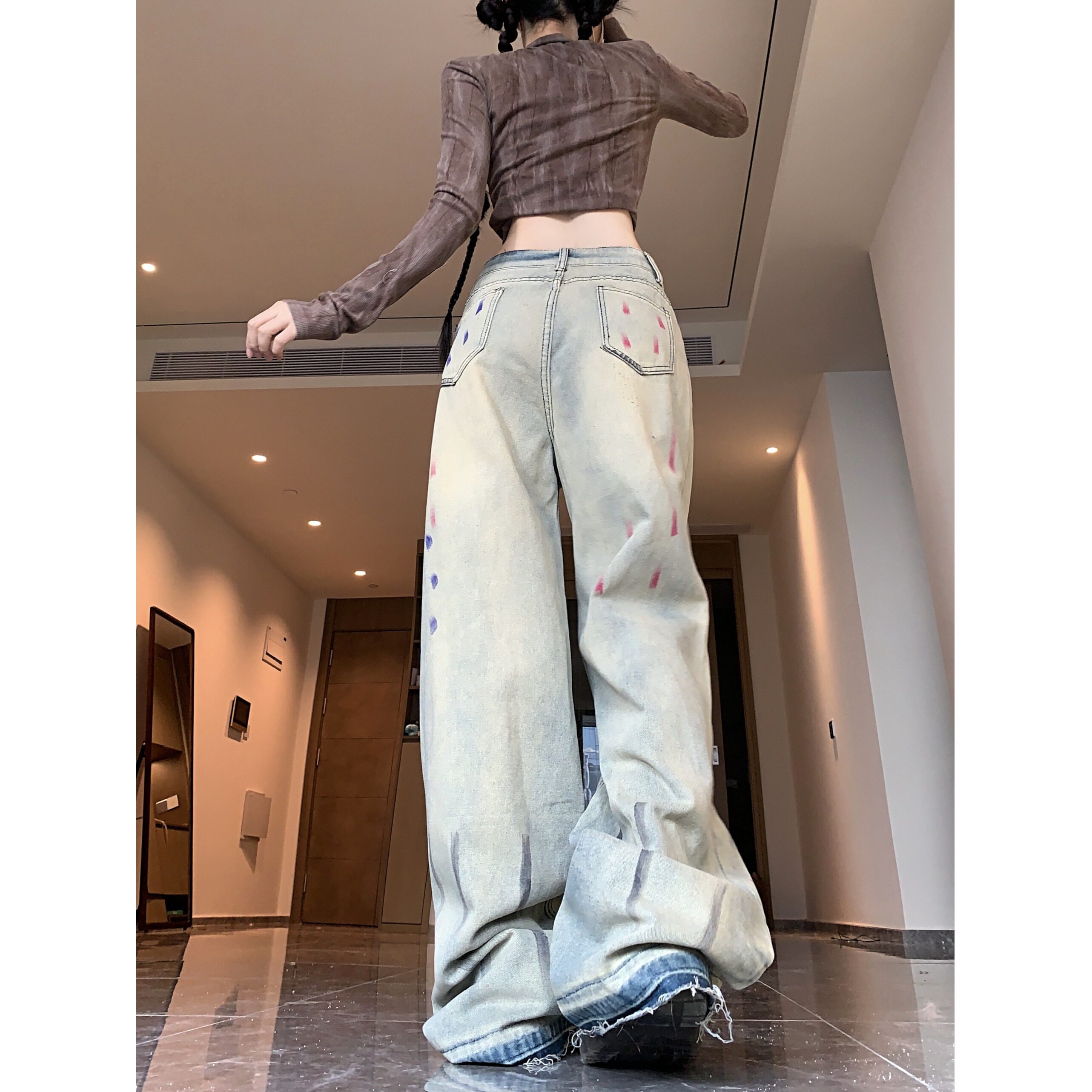 2025新款欧美复古泼墨破洞牛仔裤子女春夏季阔腿长裤A306A-8806,女装牛仔裤,电商A306A