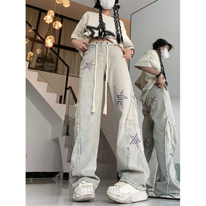 6044-P42特 小众设计感星星美式街头牛仔裤女潮高街复古直筒裤图片