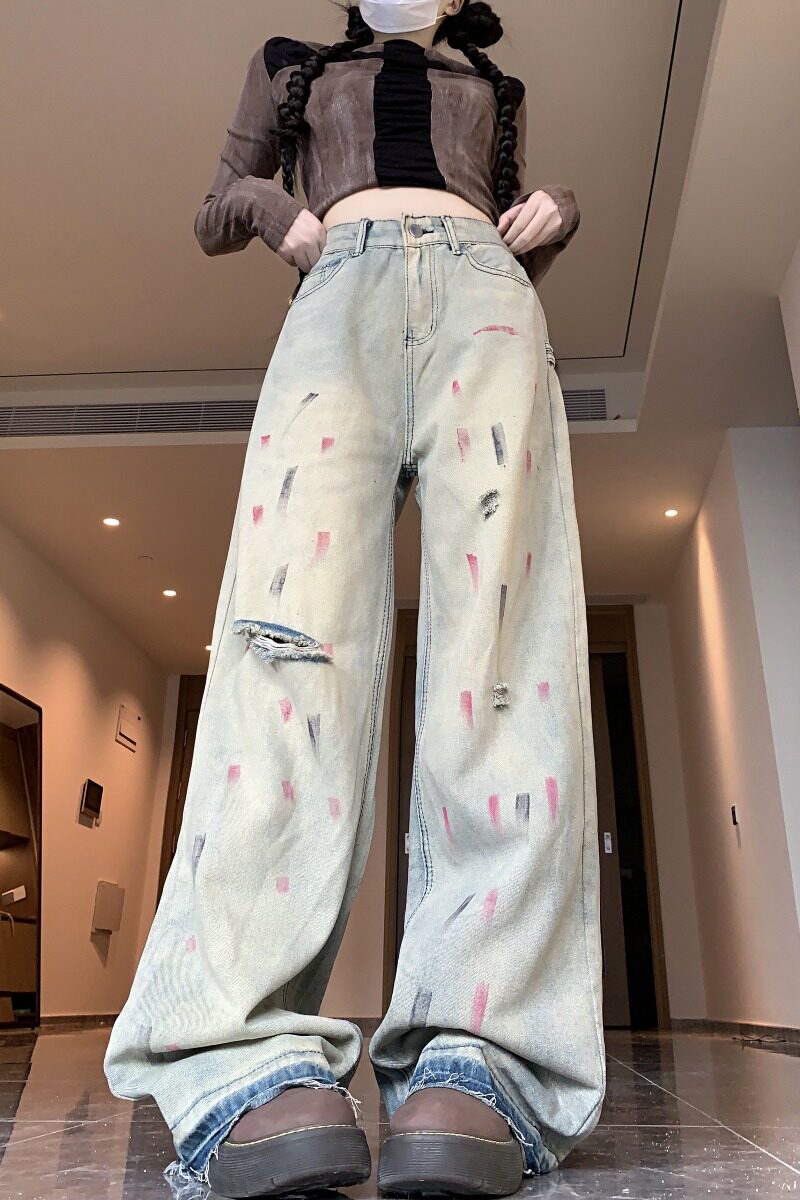 2025新款欧美复古泼墨破洞牛仔裤子女春夏季阔腿长裤A306A-8806,女装牛仔裤,电商A306A