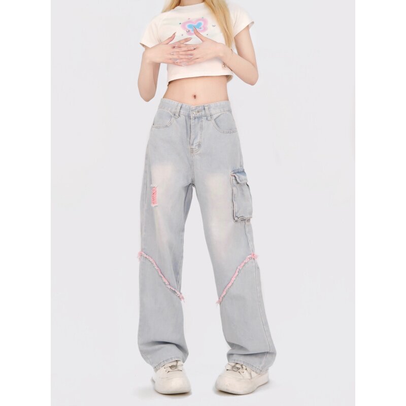 7954-P55破洞复古设计感工装牛仔裤辣妹宽松显瘦拖地裤，女装牛仔裤，电商A306A