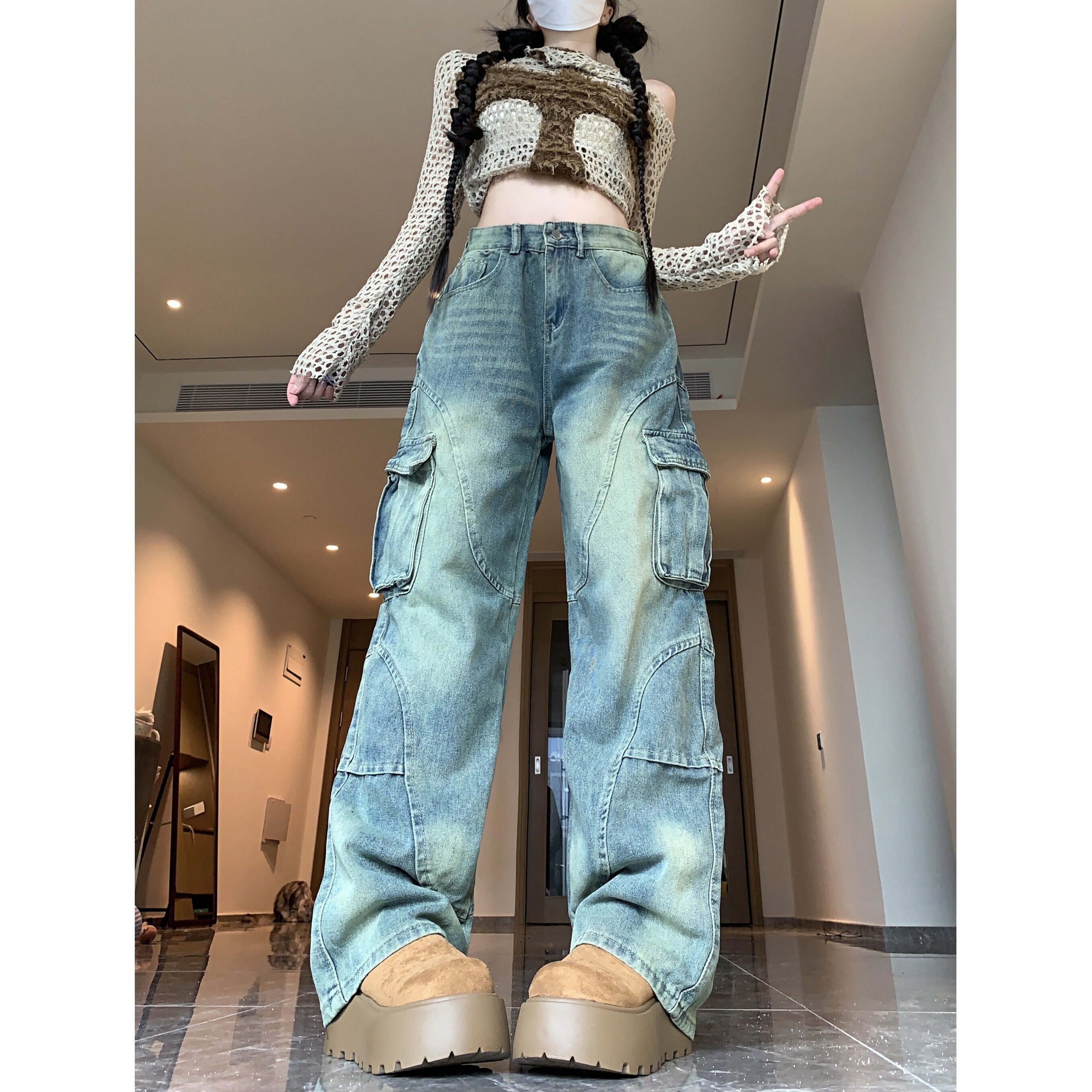 四季水洗复古口袋工装牛仔裤女2025新款直筒牛仔裤街头设计感裤，女装牛仔裤，电商A306A