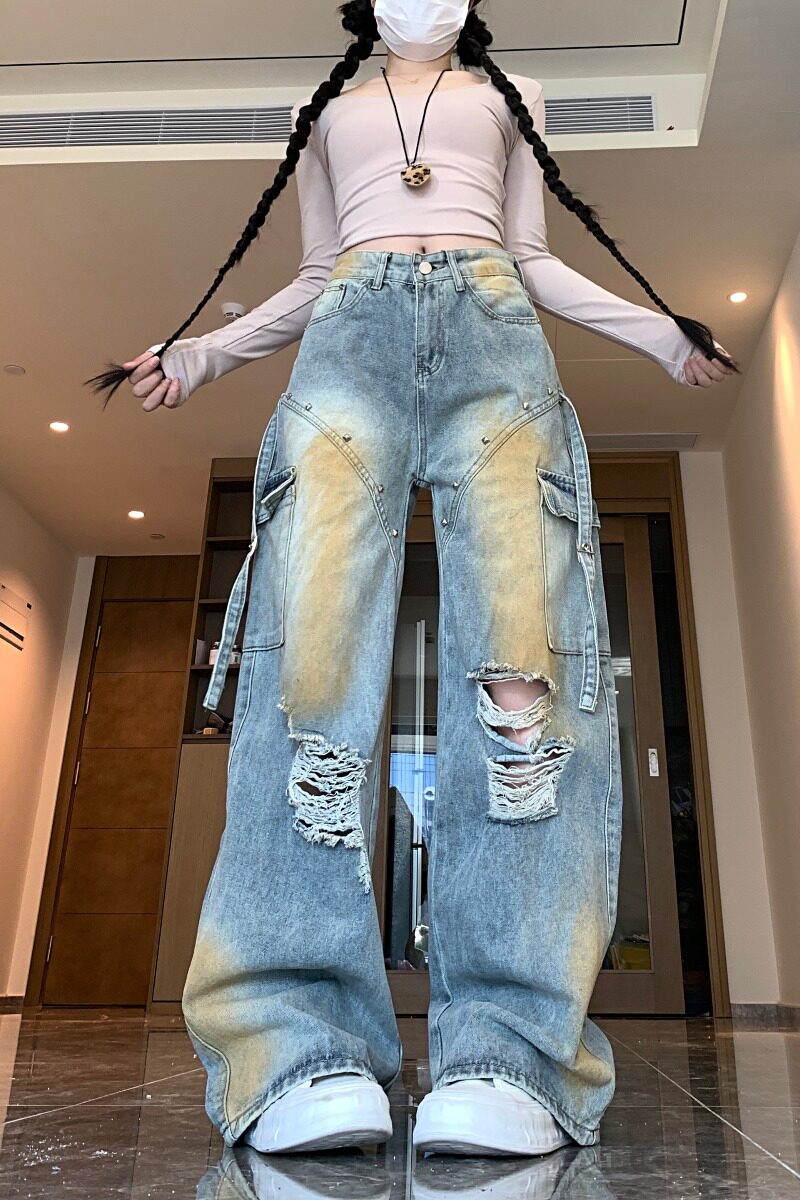 2025四季新款破洞牛仔裤新款显瘦高腰直筒宽松设计感工装裤子女,女装牛仔裤,电商A306A